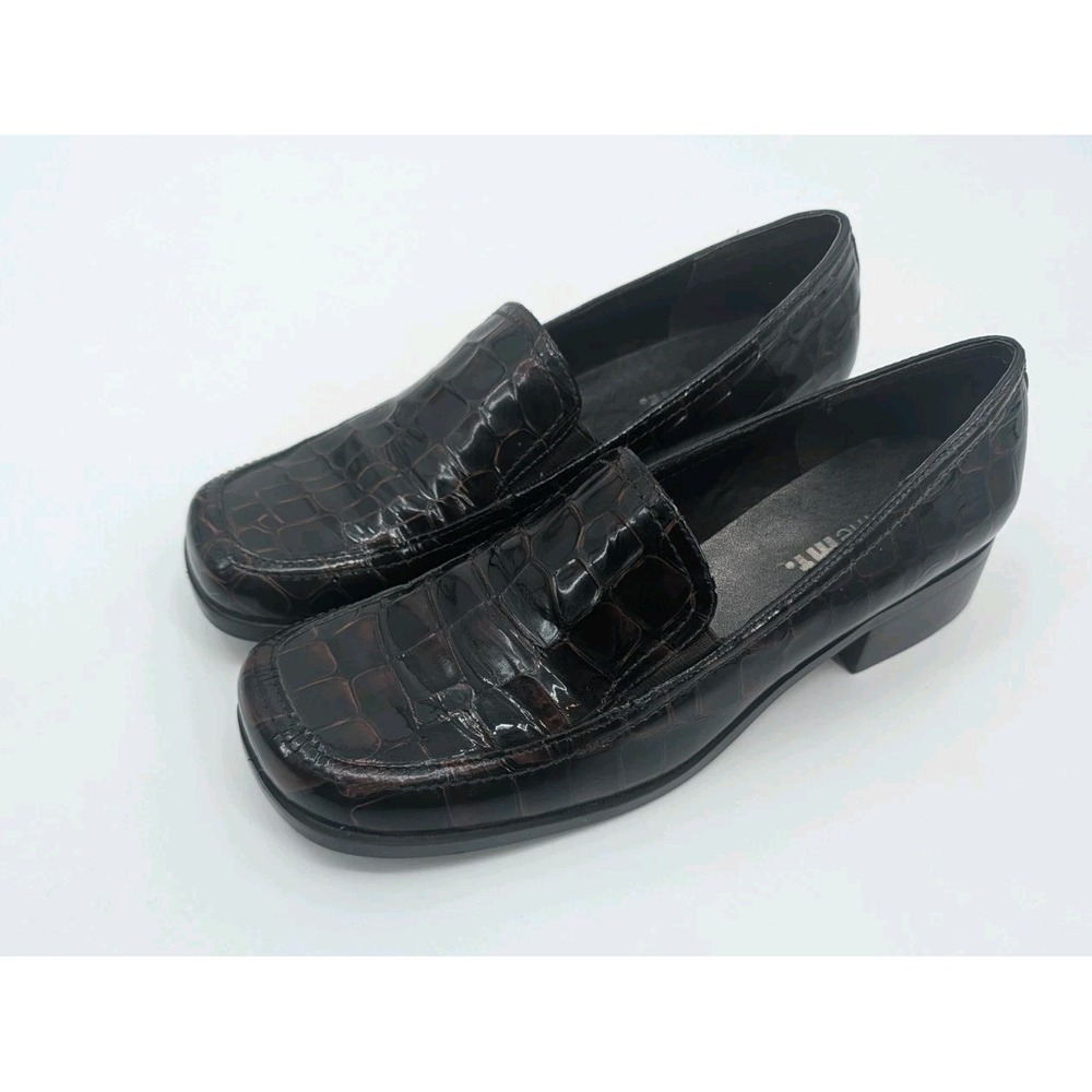 Vtg 90s Brown Leather Embossed Croc Heeled Loafers Size 8 White Mt Preppy